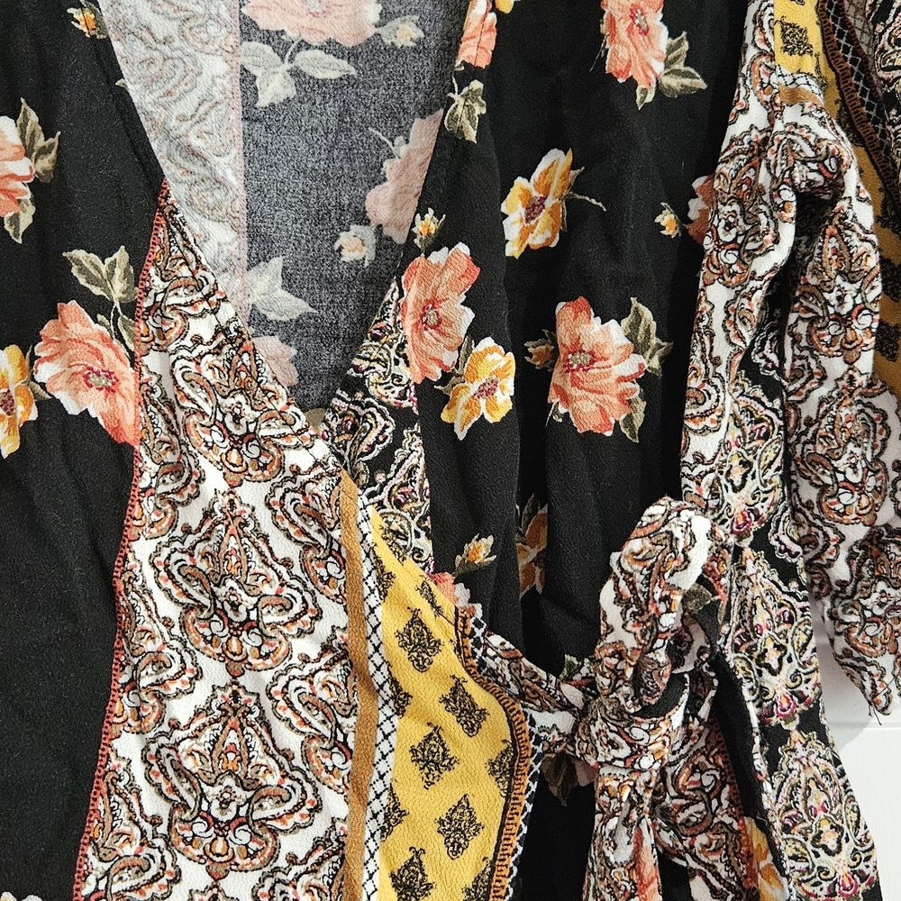 Blue Rain Floral Wrap Blouse - Black, Yellow, and Orange - Picture 3 of 6